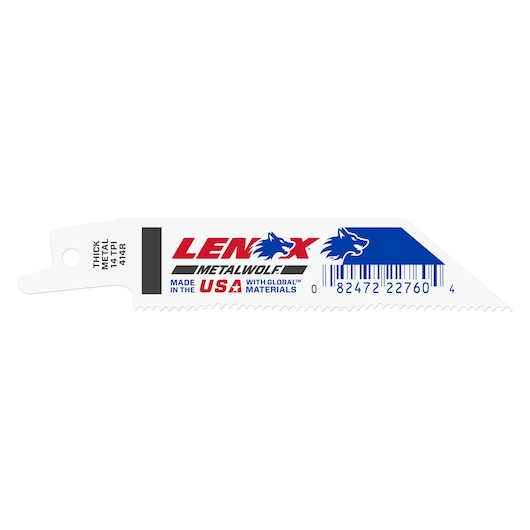 Photo of LENOX 22760OSB414R reciprocating saw blade for thick metal, white blade with angled tip, straight-on view.