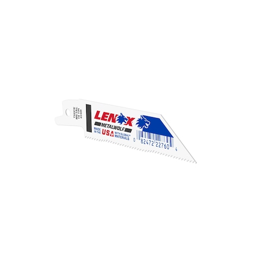 LENOX 22760OSB414R thick metal reciprocating saw blade, white with printed text, angled on white background.