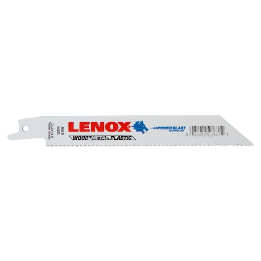 LENOX 22761OSB610R reciprocating saw blade, white with red and blue logo, for wood, metal, and plastic, side view.