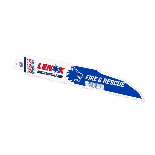 LENOX 22762OSB960R reciprocating saw blade, Demowolf Fire & Rescue design, blue and white, front angle, photography.