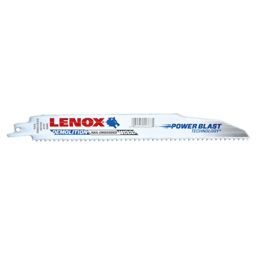 LENOX demolition reciprocating saw blade for nail embedded wood, SKU 22763OSB966R, side view, white background.