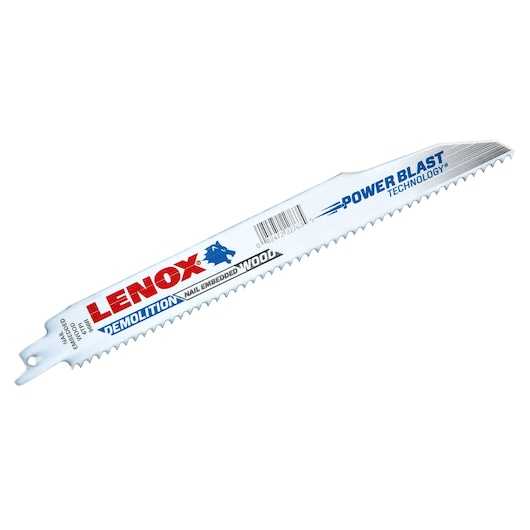 Photo of LENOX demolition reciprocating saw blade for nail embedded wood, SKU 22763OSB966R, angled view.