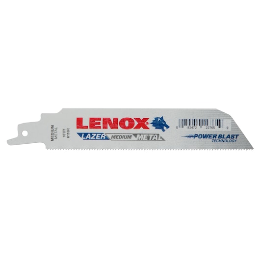 LENOX metal reciprocating saw blade with medium teeth, SKU 22765OSB6118R, side view on white background.