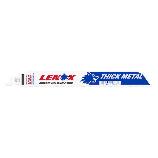 LENOX METALWOLF thick metal reciprocating saw blade, SKU 22766OSB9114R, white and blue, flat lay product photo.