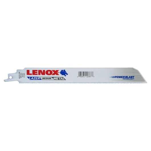 LENOX reciprocating saw blade with Power Blast technology, SKU 22767OSB9118R, metal cutting, side angle, white.