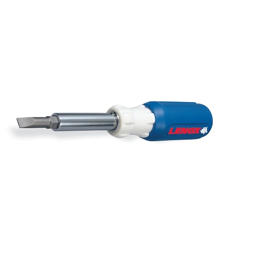 LENOX 23931 screwdriver with interchangeable metal shaft and blue ergonomic handle, side angle on white background.