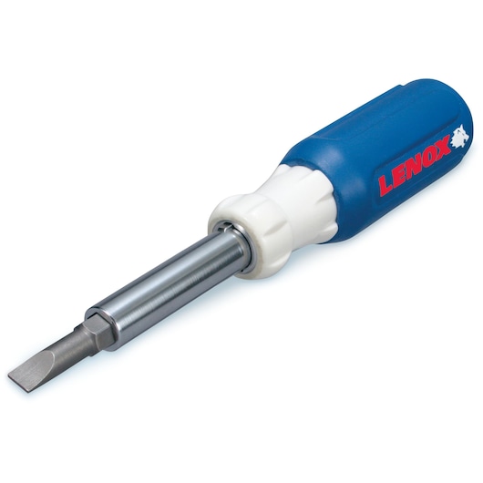 LENOX 23931 screwdriver with blue and white handle, slotted bit, angled on white background.