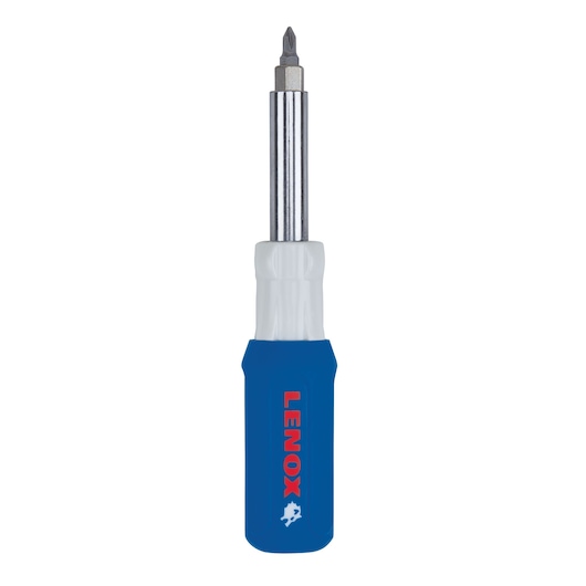LENOX 23932 screwdriver with blue and white handle, front angle, photography on white background.