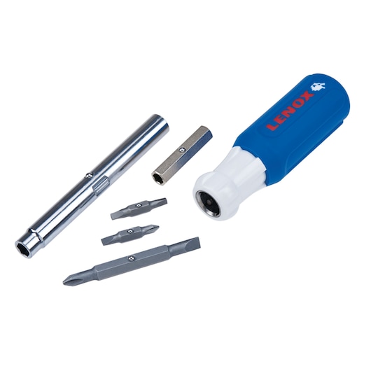 LENOX 23932 multi-bit screwdriver set with blue handle and interchangeable bits, side view.