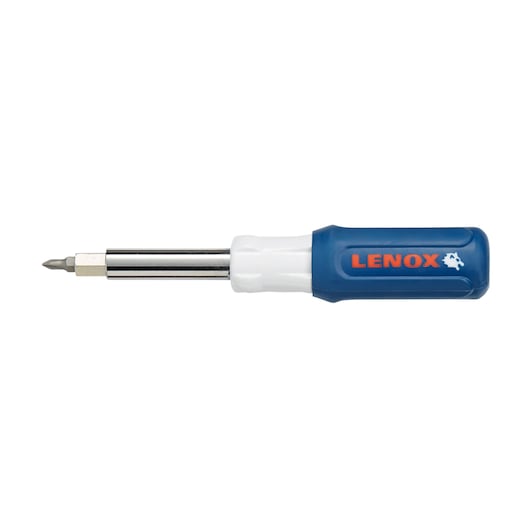 Photo of LENOX 23932 screwdriver with blue handle, white accents, and metal shaft, side view on white background.