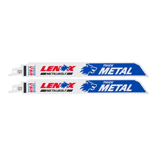 LENOX 24905T9110R thick metal reciprocating saw blades, two white blades with blue and red branding, flat lay on white.