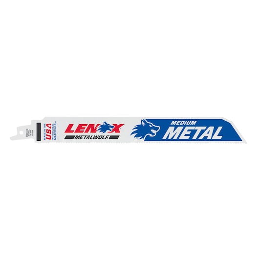 LENOX 24907T9118R reciprocating saw blade for medium metal, white with blue and red branding, side angle.
