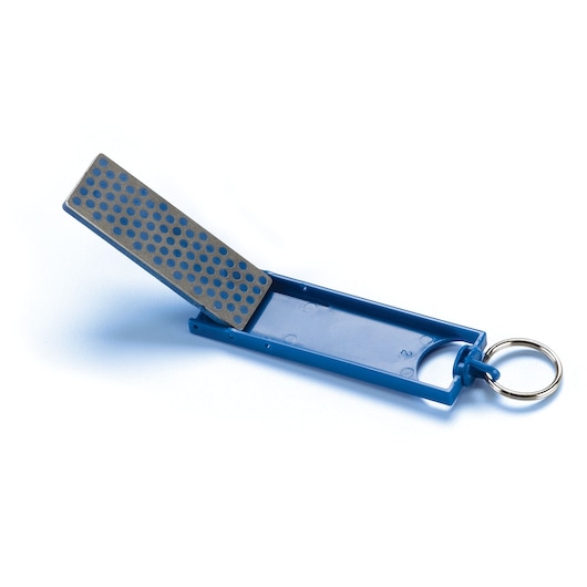 LENOX 25312DIAF1 folding diamond sharpening stone with blue handle and keyring, side angle on white background.