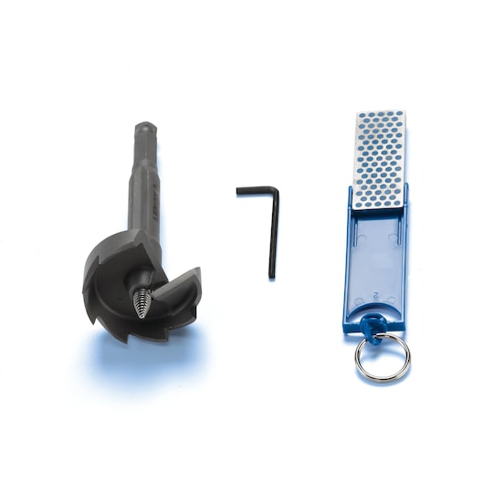 LENOX 25312DIAF1 drill bit set with black wood drill bit, blue sharpening tool with keyring, and hex key on white background.