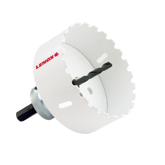LENOX 2995858CG hole saw with white body and arbor, angled view on white background.