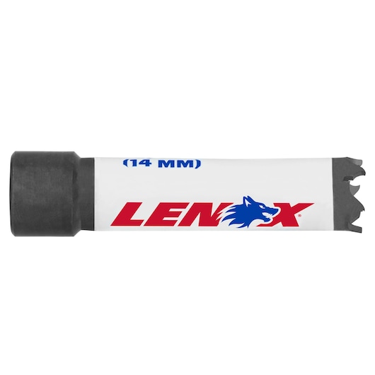 LENOX 14mm hole saw with wolf logo, white body, and SKU 300099l, side view on white background.