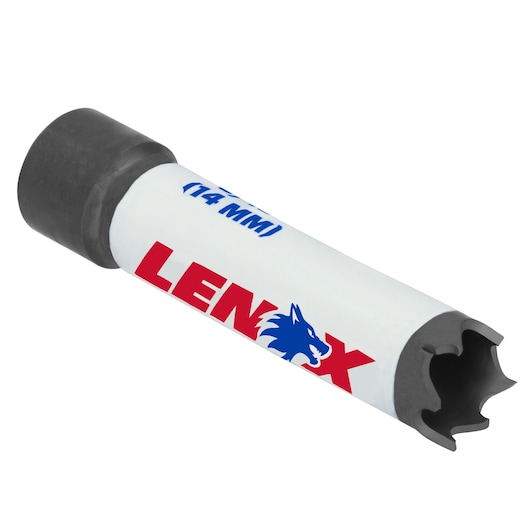 LENOX 14mm arbor hole saw, SKU 300099l, white body with red and blue logo, angled on white background.