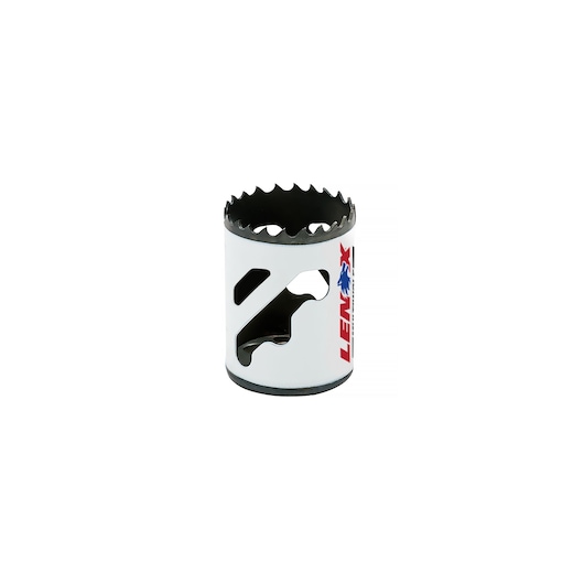 A white cylindrical Lenox hole saw with sharp jagged teeth on the cutting edge and ventilation holes on the side. The product features the LENOX brand logo printed vertically in red and blue on the side.