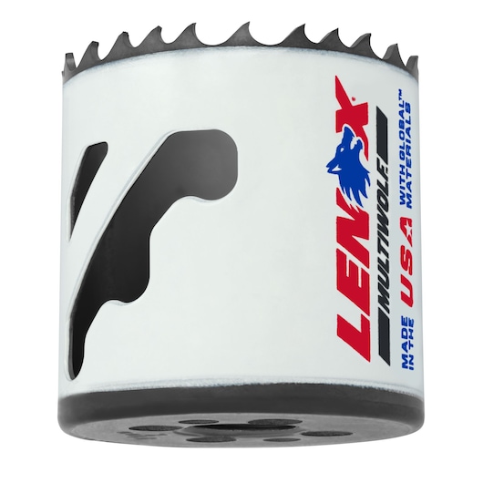 Photo of LENOX 3003232L hole saw with sharp teeth, white body, and USA markings, front angle on white background.