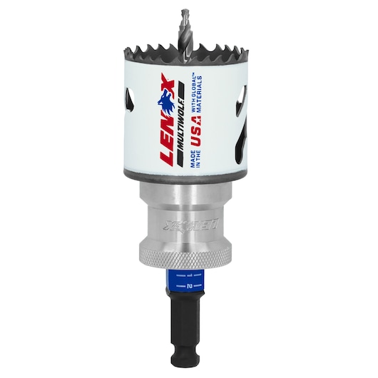 LENOX hole saw with arbor, white and silver, sharp teeth, SKU 3003232L, front view on white background.