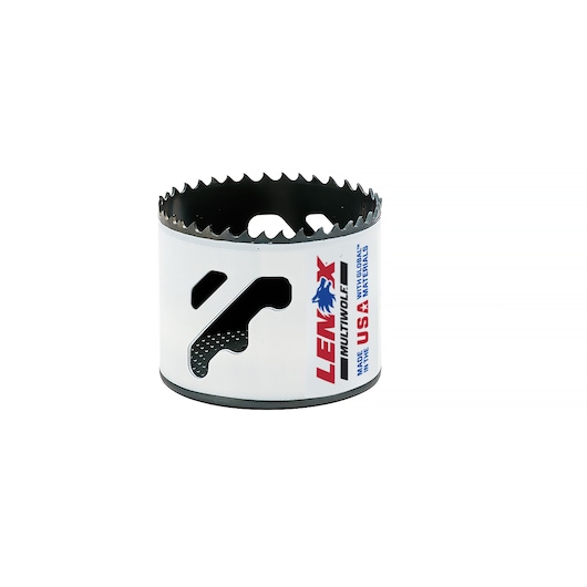 A Lenox Multwolff hole saw with sharp teeth and a white and black body, featuring the brand's logo and USA manufacturing details printed on the side.