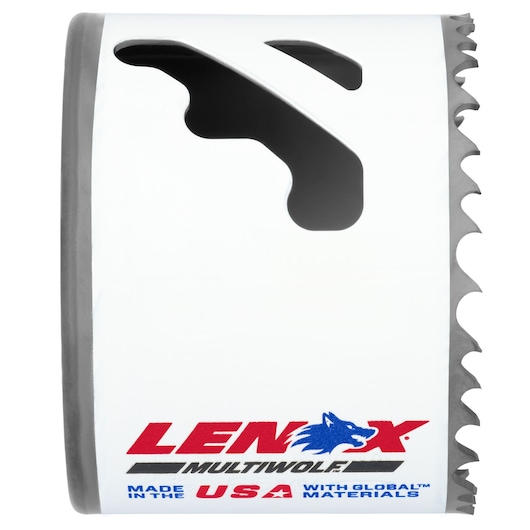 Photo of LENOX MultiWolf hole saw, SKU 3004040L, white body with sharp teeth, side angle on white background.