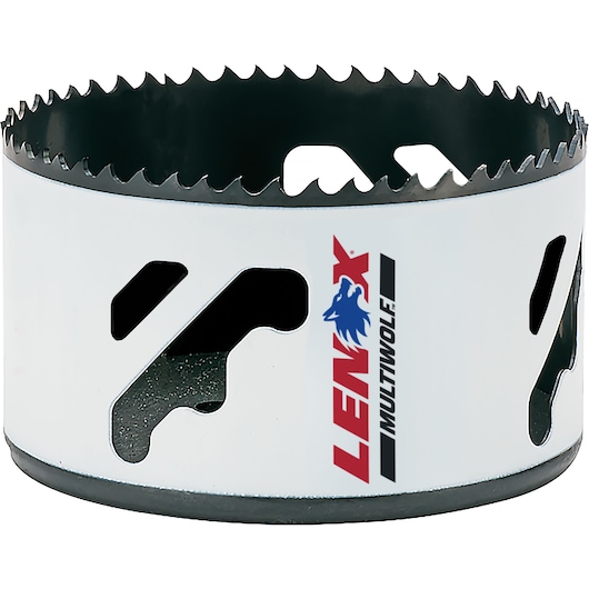 A close-up view of a Lenox MultiWolfe hole saw, featuring sharp teeth around the upper edge and vent holes in the white metal body. The Lenox logo is visible with a blue wolf graphic.