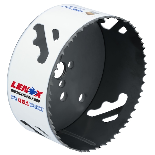 LENOX 3007474L hole saw, white and black, close-up angle, sharp teeth for cutting, MULTIWOLF branding.