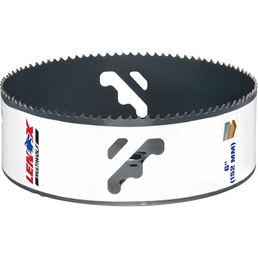 A Lenox branded 6-inch (152 mm) hole saw with a white body and serrated edge, used for cutting circular holes in materials.