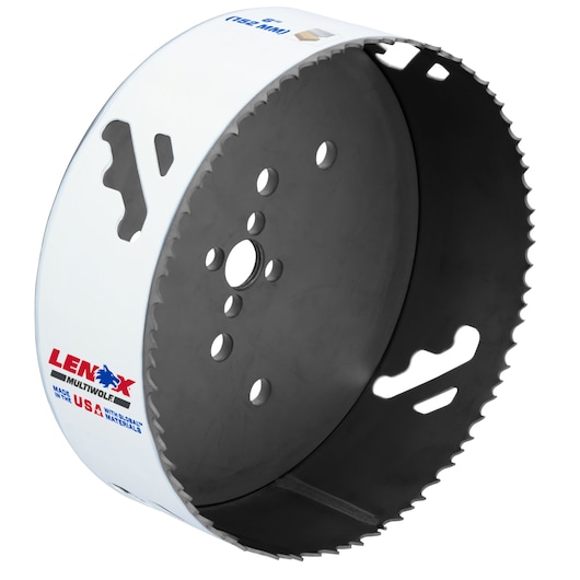LENOX hole saw with sharp teeth, white body, side angle view. SKU 3009696L.