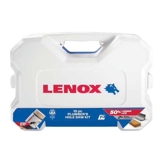 Photo of LENOX 10 piece plumber’s hole saw kit 30808600P in a white plastic carrying case, front angle.