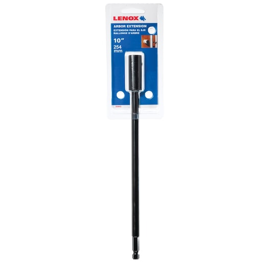 Photo of LENOX 3084310X arbor extension, 10 inch length, black metal, on white background, packaging front view.