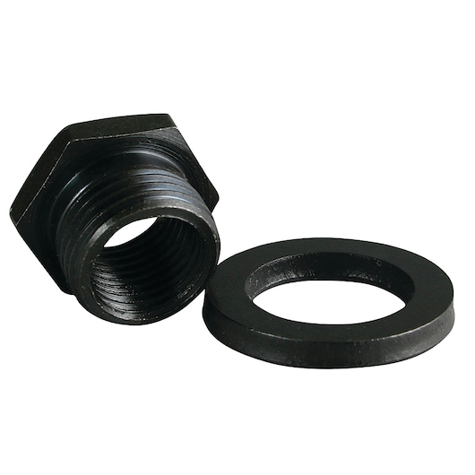 LENOX 30857AA1 dark metal hex adapter and washer set on white background, front angle photography.