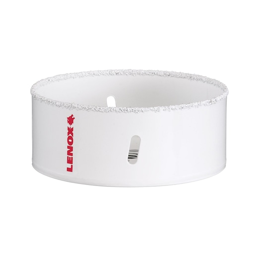 Photo of LENOX 30861438RL hole saw with abrasive cutting edge, white finish, angled on white background.