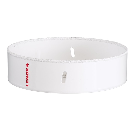 LENOX 30863658RL hole saw with gritty edge, white metal, side view on white background.