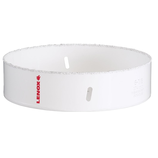 Photo of LENOX hole saw, white finish, with grit edge, SKU 30864678RL, side angle, on white background.