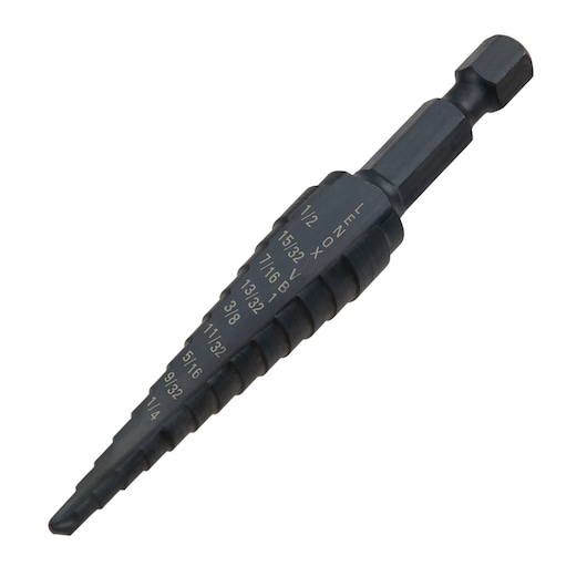 LENOX step drill bit 30881VB1 with engraved size markings, black finish, photography on white background.