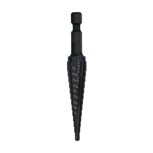 LENOX step drill bit 30881VB1, black, front angle on white background, markings visible.