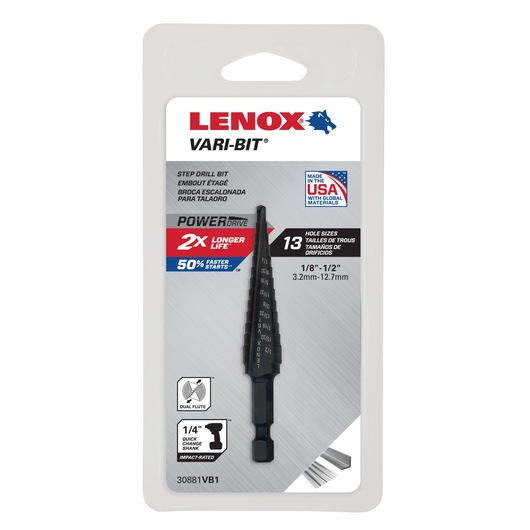 LENOX step drill bit 30881VB1 in retail packaging, black conical bit with white measurement markings.