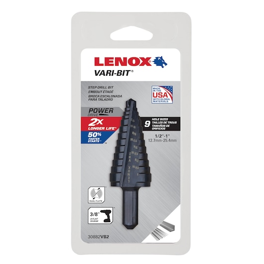 LENOX step drill bit SKU 30882VB2, black, photographed in packaging, front view, vari-bit design.