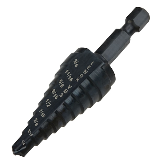 Photo of LENOX step drill bit with engraved size markings, SKU 30883VB3, angled on white background.