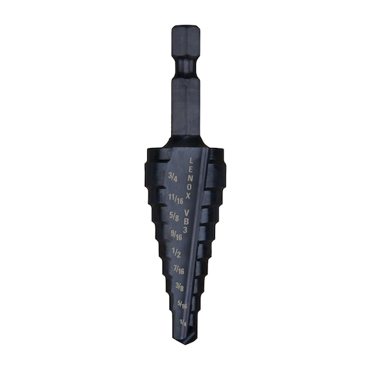 LENOX 30883VB3 step drill bit with engraved size markings, front angle on white background.