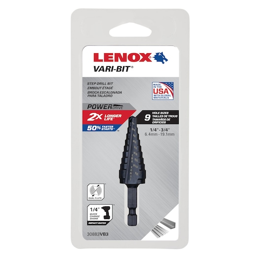 LENOX step drill bit 30883VB3 in retail packaging, 9 hole sizes, dual flute, 1/4 inch quick change shank, front view.