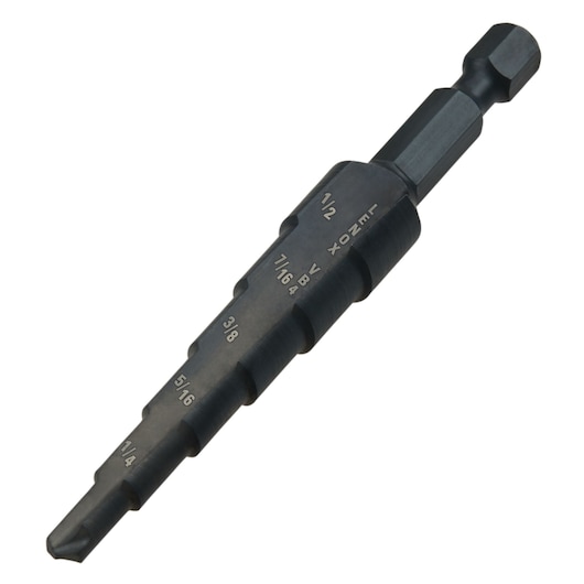 Photo of LENOX 30884VB4 black step drill bit with size markings on white background.