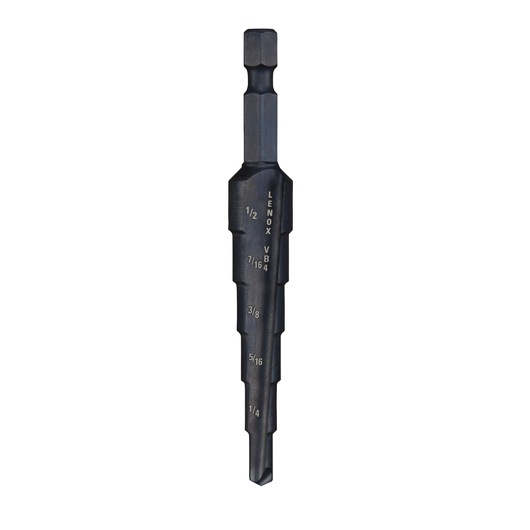 LENOX step drill bit, black finish, size markings, front view, SKU 30884VB4, photography.