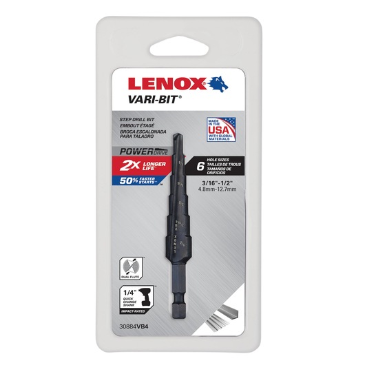 LENOX step drill bit 30884VB4 in retail packaging, black dual flute, 1/4 inch shank, 6 hole sizes.