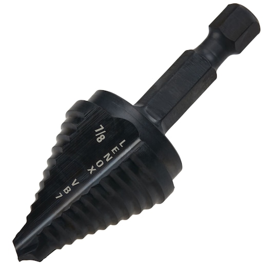 Photo of LENOX 30887VB7 black step drill bit with hex shank on white background, tool category.