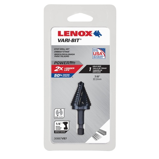 LENOX 30887VB7 step drill bit in retail packaging, black finish, labeled VARI-BIT, 7/8 inch size, front view.