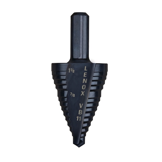 LENOX 30888VB11 step drill bit, black metal, cone shape, product shown from front on white background.