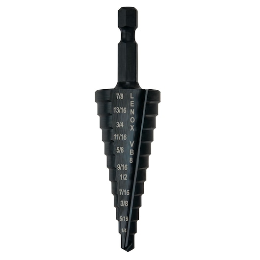 LENOX step drill bit SKU 30908VB8, black metal, front angle, engraved size markings.